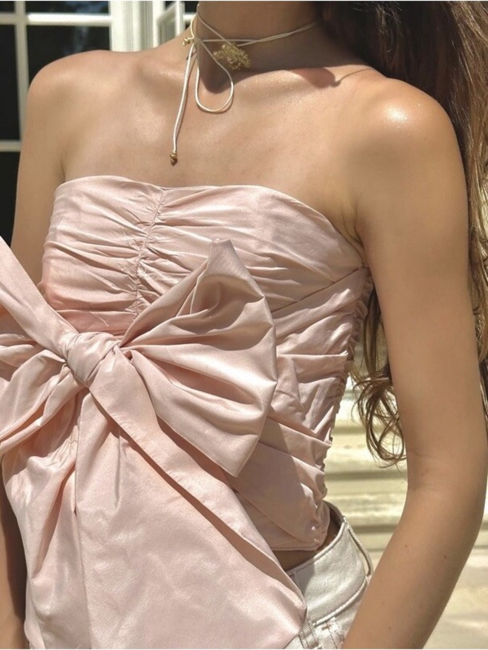 Zara Strapless Taffeta Ruched Fairy Top with Oversized Bow - Light Blush Pink